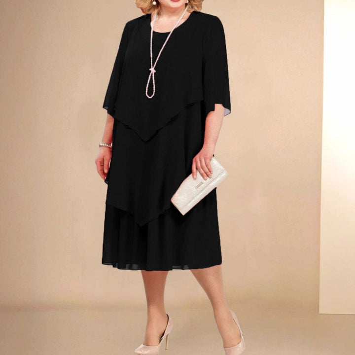 Women's Plus-Size Tiered Chiffon Midi Dress Round Neck - Black