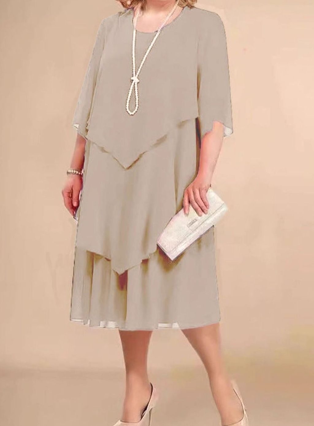 Women's Plus-Size Tiered Chiffon Midi Dress Round Neck - Khaki