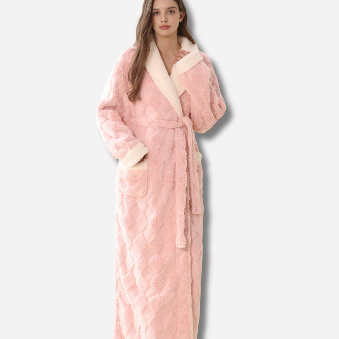 Women's Plush Fleece Ankle Length Robe Hooded Long Bathrobe - Pink