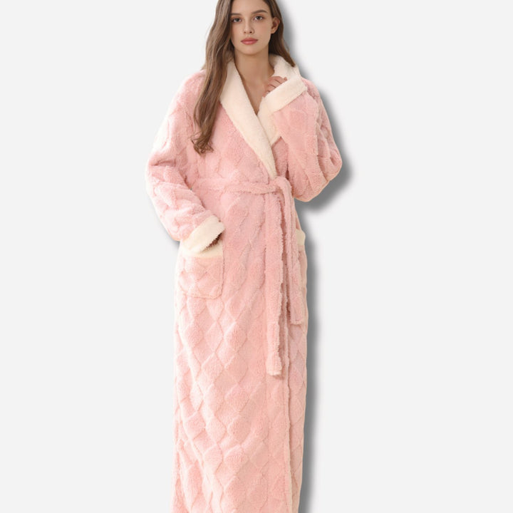 Women's Plush Fleece Ankle Length Robe Hooded Long Bathrobe - Pink