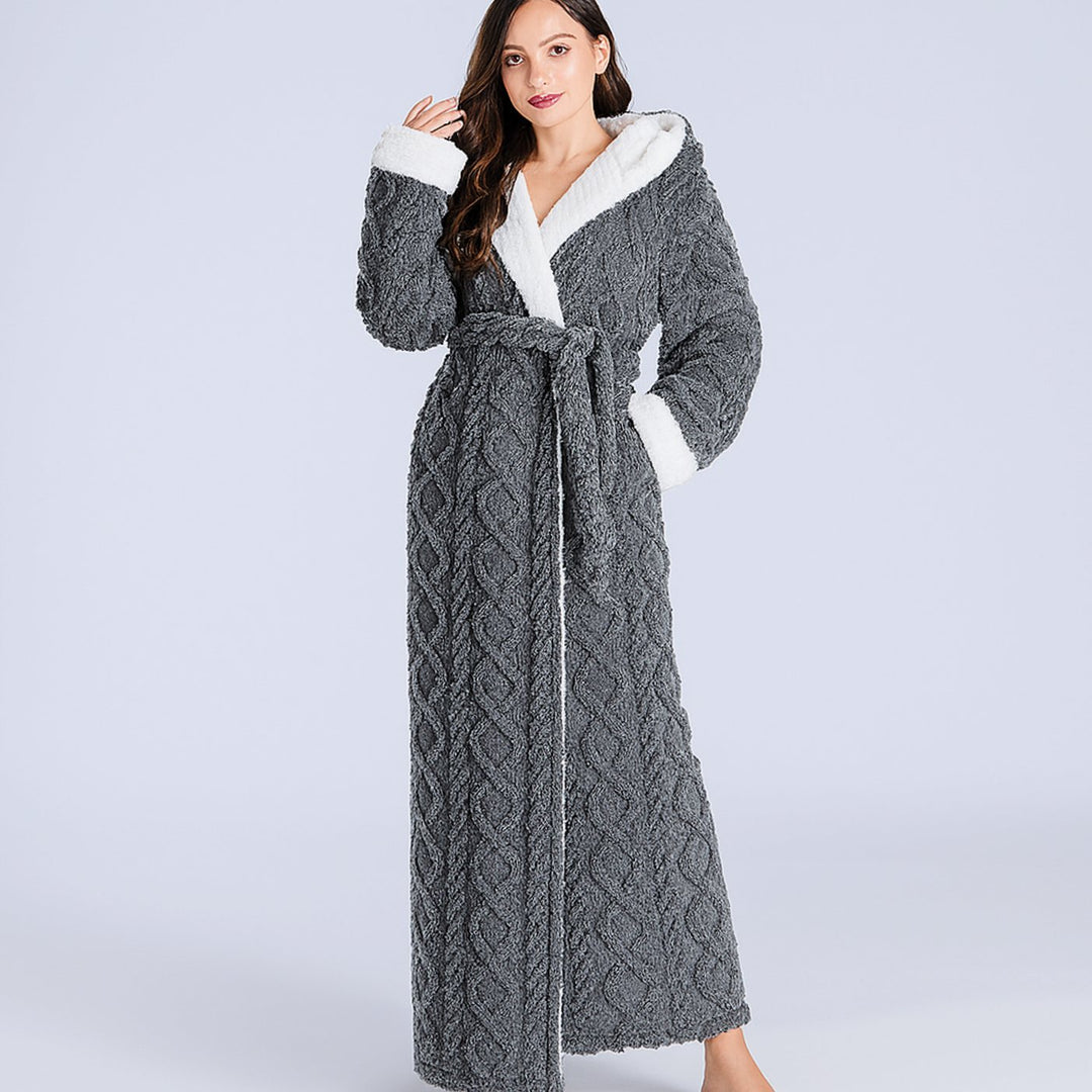 Women's Plush Fleece Ankle Length Robe Hooded Long Bathrobe - Gray