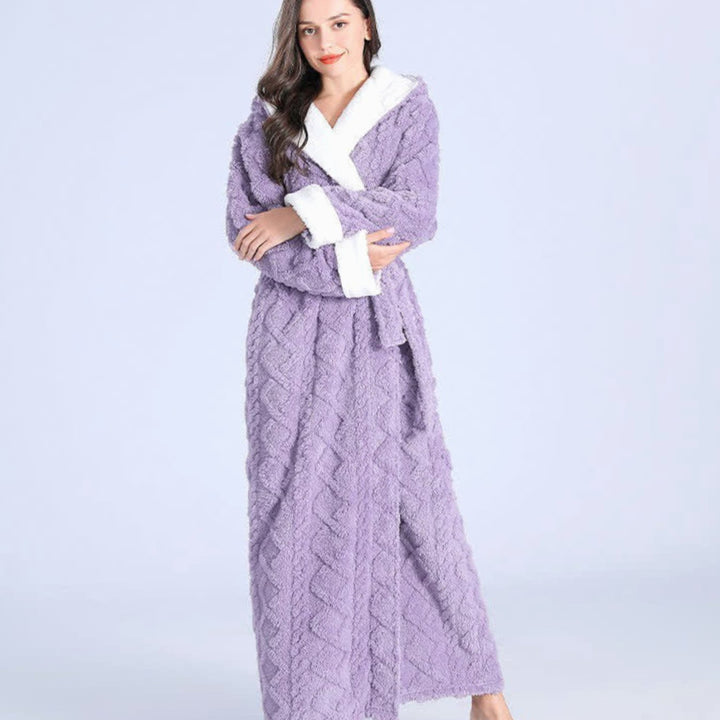 Women's Plush Fleece Ankle Length Robe Hooded Long Bathrobe - Purple