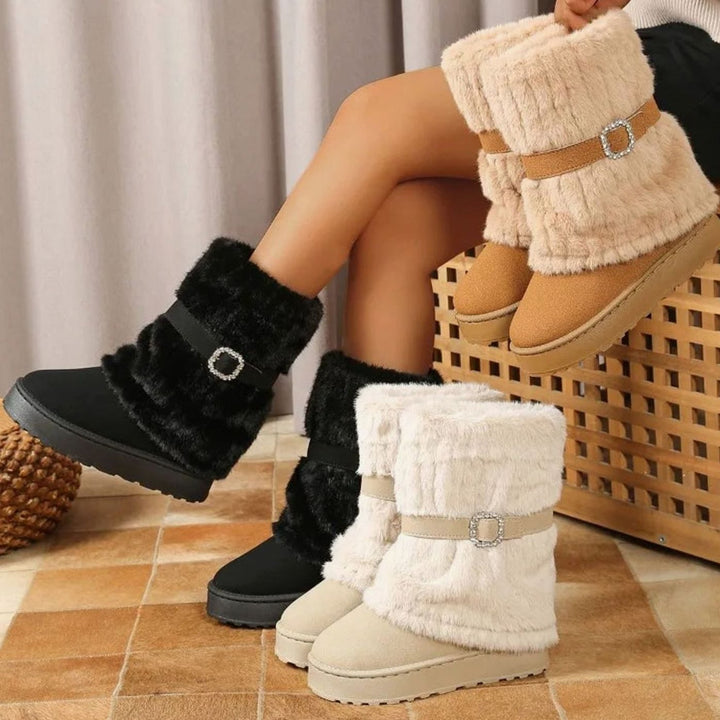 Women's Plush Snow Boots Faux-Fur Buckle Mid-Calf Winter Boots
