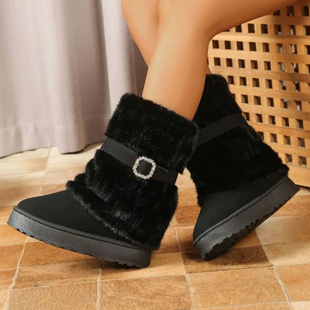 Women's Plush Snow Boots Faux-Fur Buckle Mid-Calf Winter Boots - Black