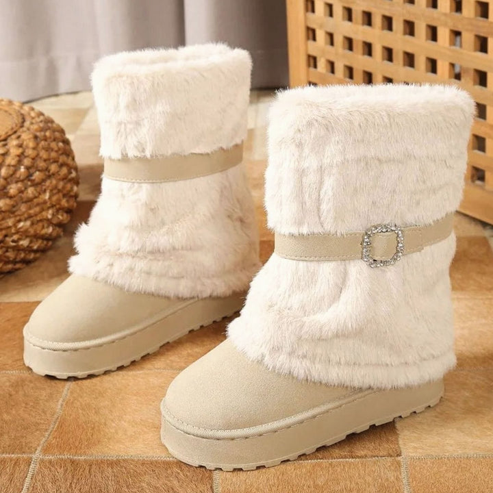 Women's Plush Snow Boots Faux-Fur Buckle Mid-Calf Winter Boots - Beige