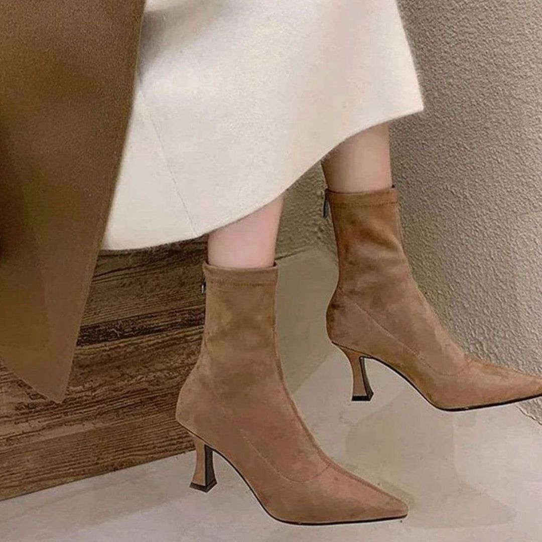 Women's Pointed-Toe Kitten Heel Stretch Sock Ankle Boots - Khaki