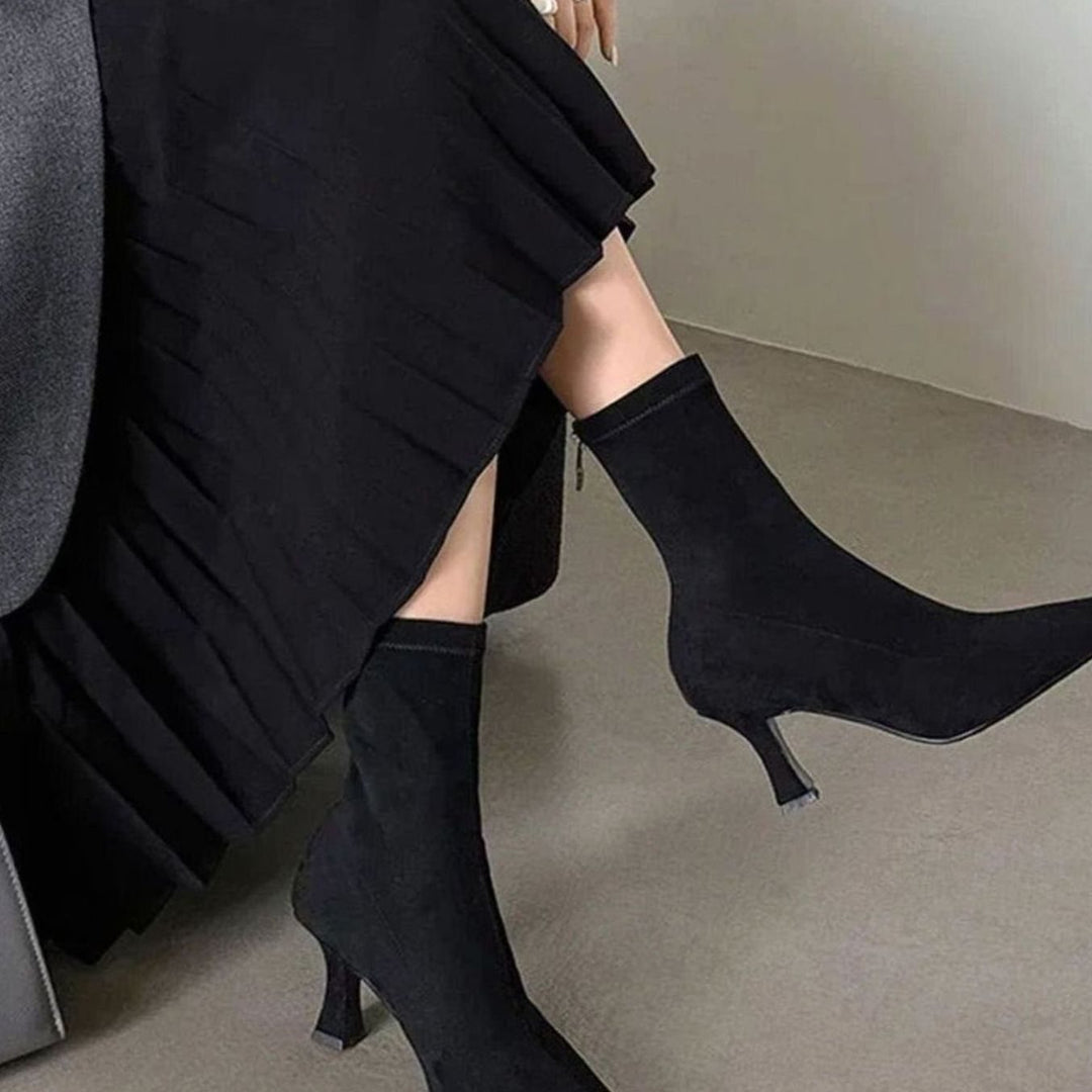 Women's Pointed-Toe Kitten Heel Stretch Sock Ankle Boots - Black