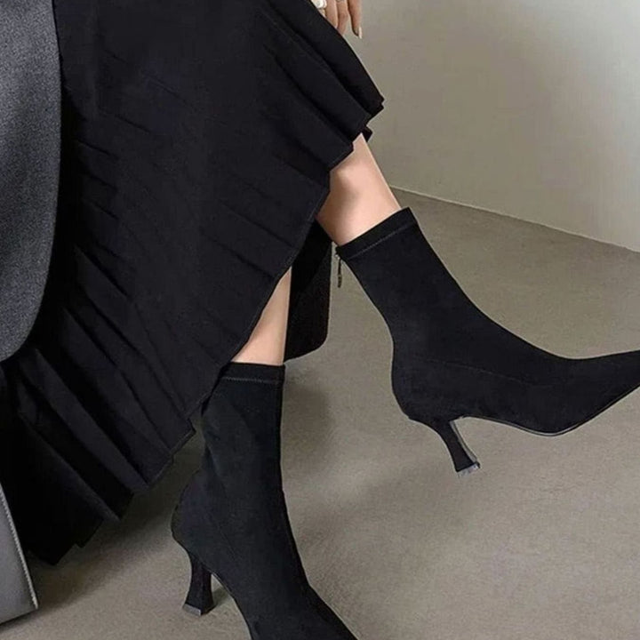 Women's Pointed-Toe Kitten Heel Stretch Sock Ankle Boots - Black