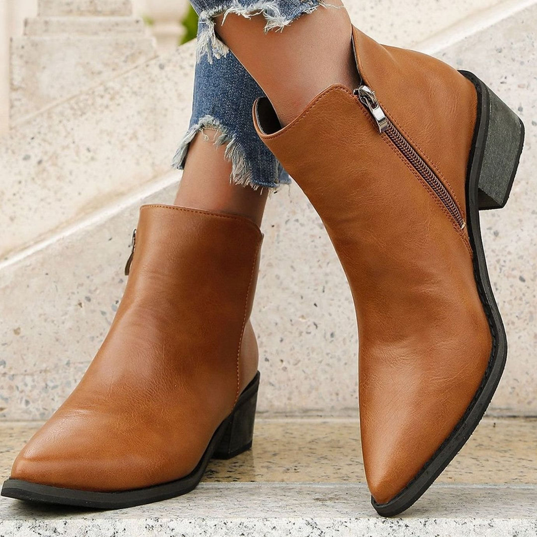 Women's Pointed-Toe Side-Zip Block Heel Ankle Boots - Dark Brown