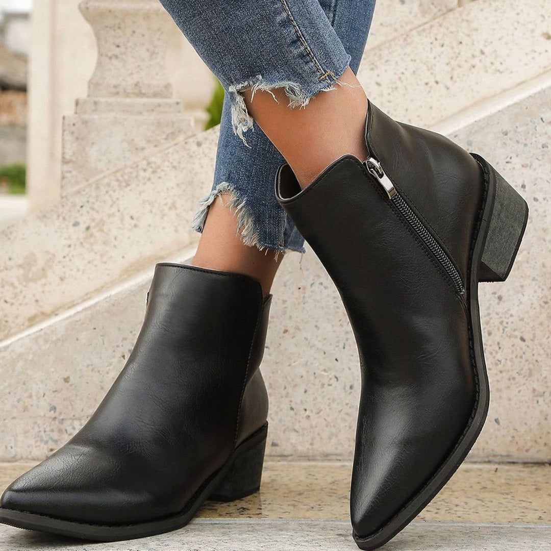 Women's Pointed-Toe Side-Zip Block Heel Ankle Boots - Black
