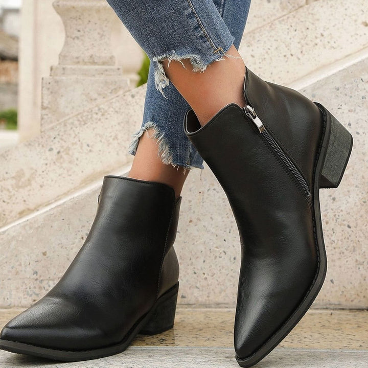 Women's Pointed-Toe Side-Zip Block Heel Ankle Boots - Black