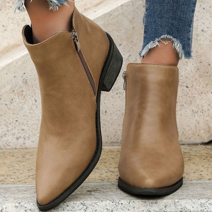 Women's Pointed-Toe Side-Zip Block Heel Ankle Boots - Khaki