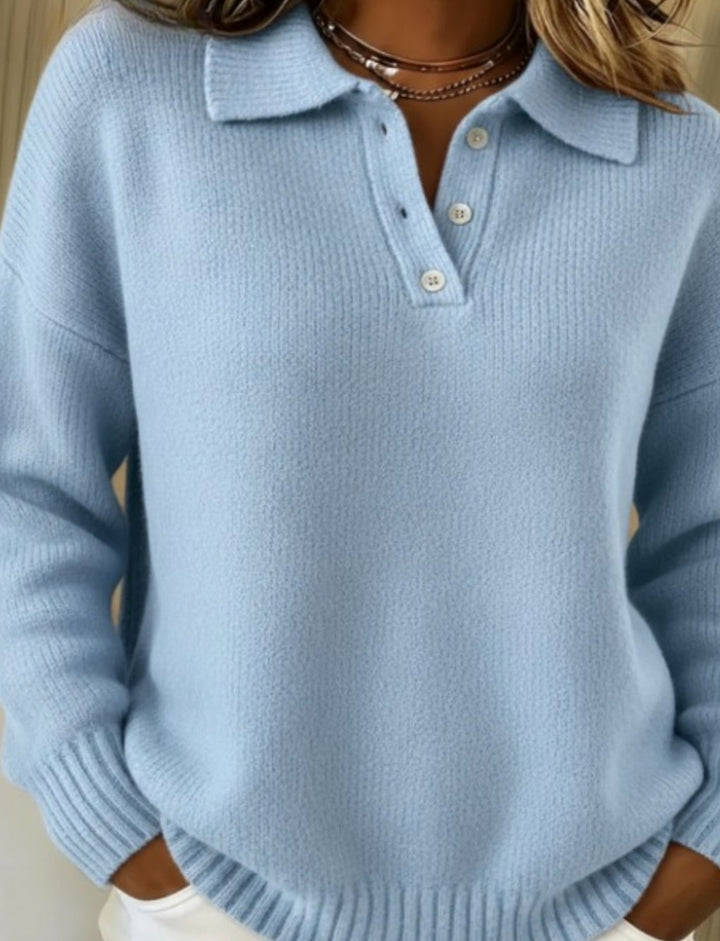 Women's Polo-Collar Button-Placket Knit Sweater, Light Blue - Blue