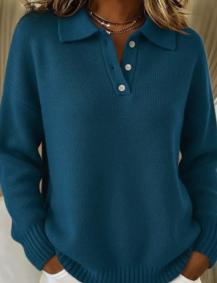 Women's Polo-Collar Button-Placket Knit Sweater, Light Blue - Teal