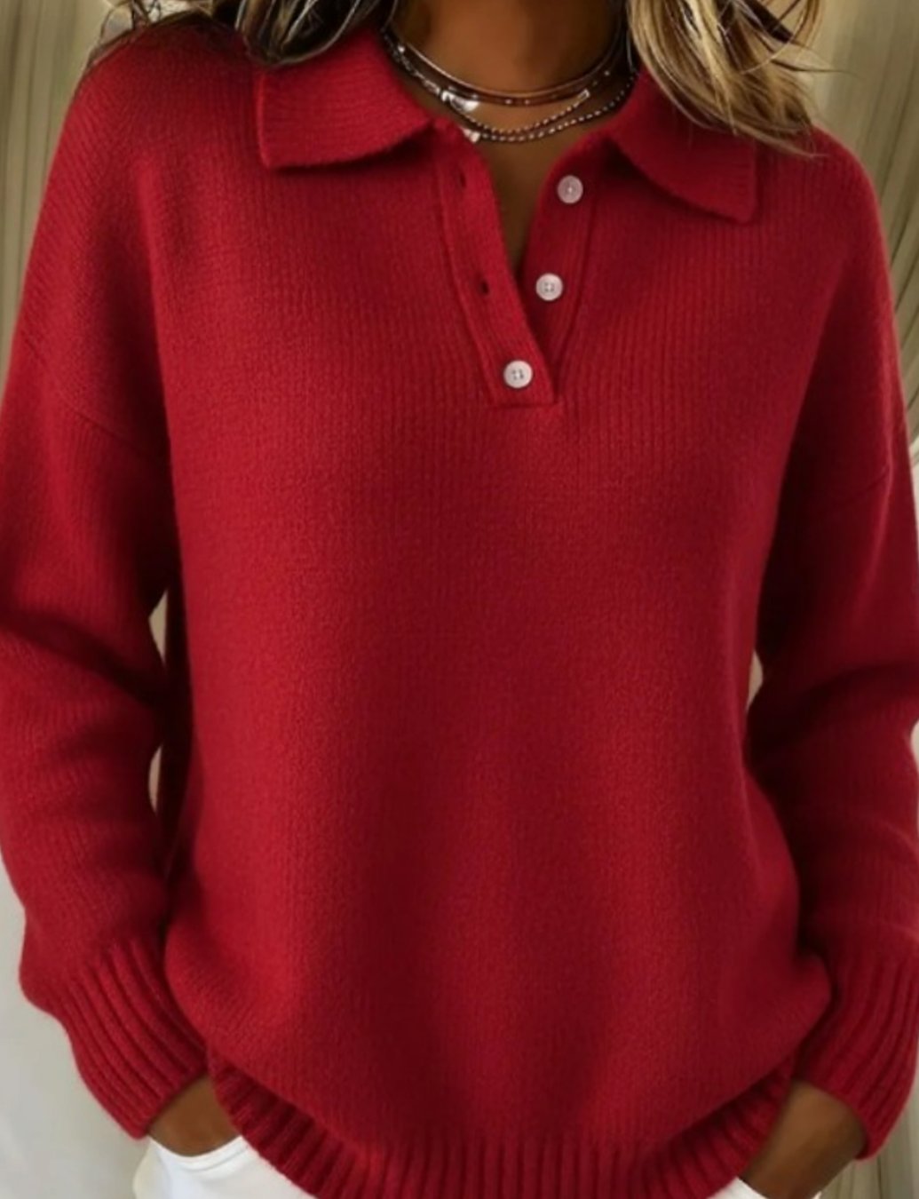 Women's Polo-Collar Button-Placket Knit Sweater, Light Blue - Red