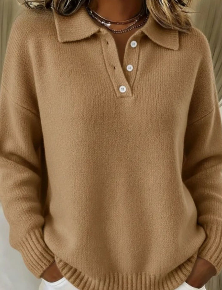 Women's Polo-Collar Button-Placket Knit Sweater, Light Blue - Camel