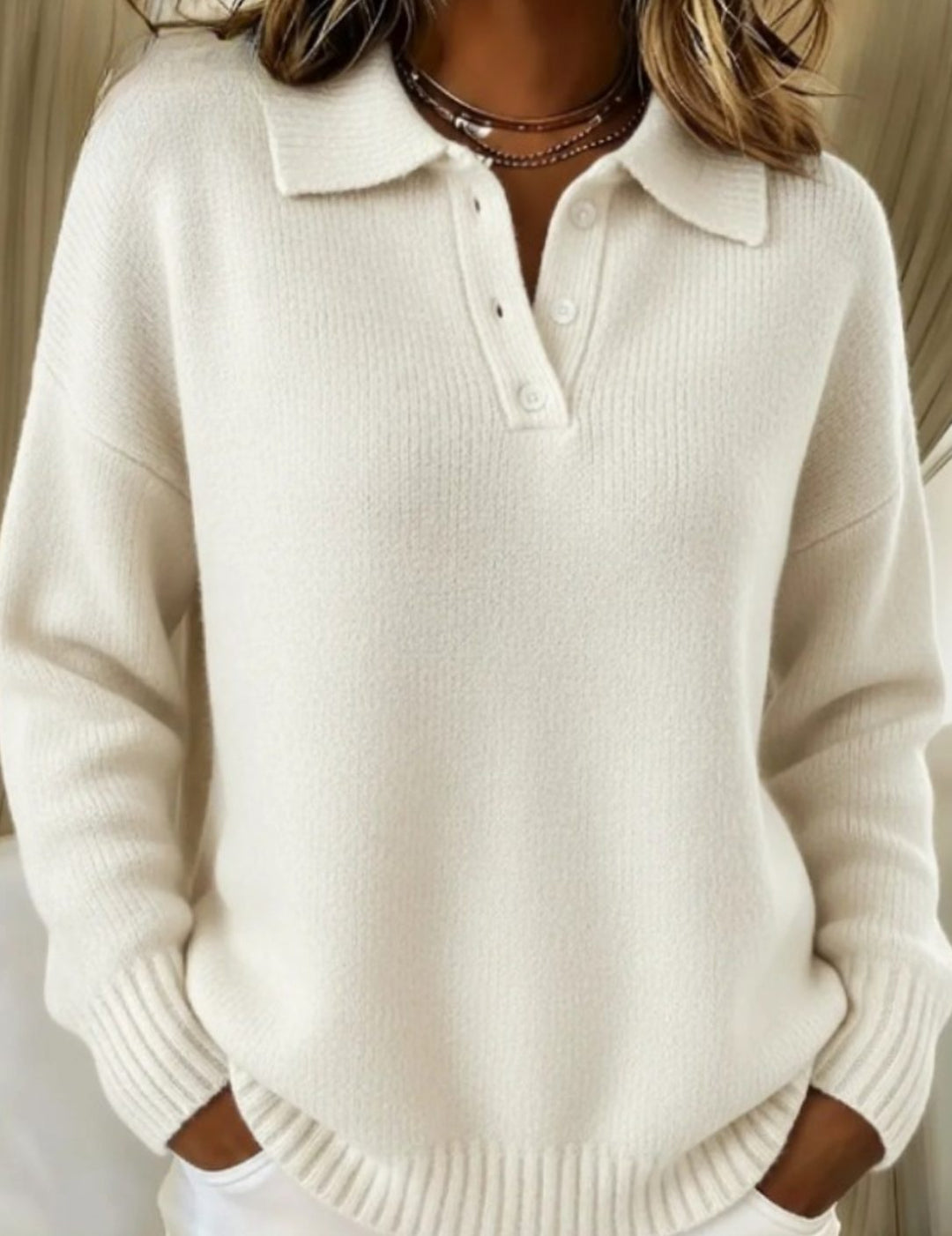 Women's Polo-Collar Button-Placket Knit Sweater, Light Blue - White
