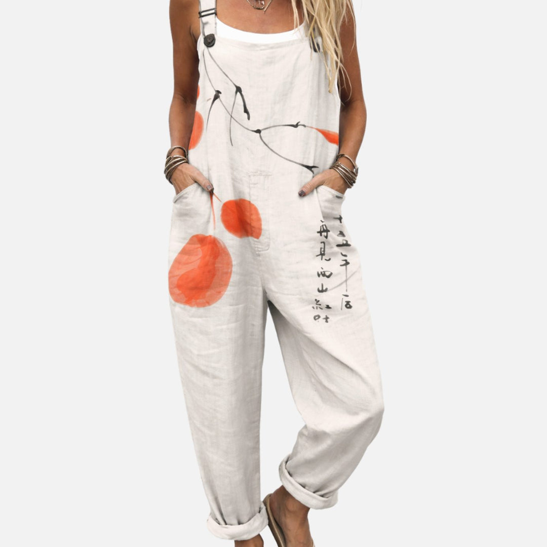 Women's Printed Linen-Look Adjustable-Strap Wide-Leg Overalls - Grey