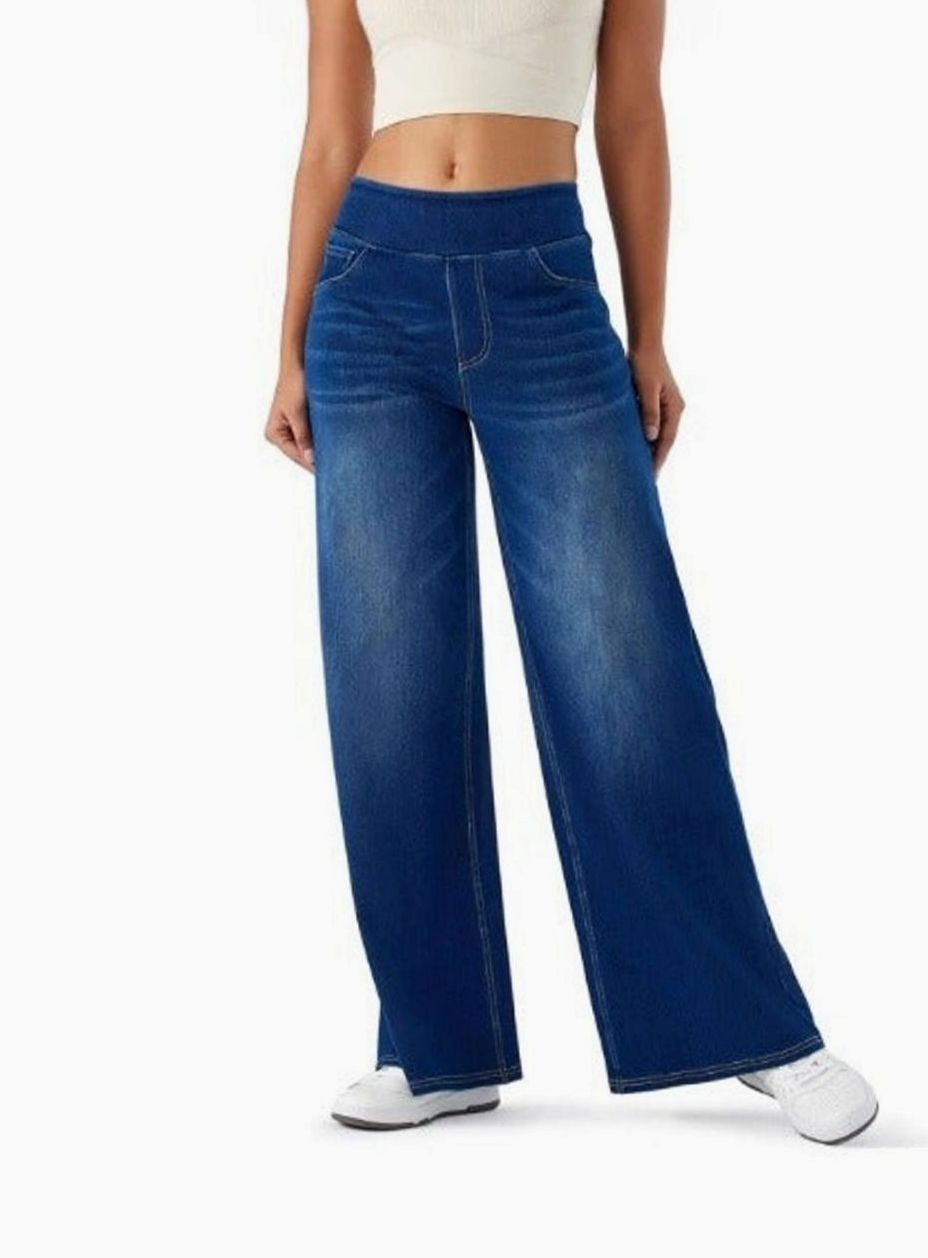 Women's Pull-On Wide Leg High-Rise Stretch Jeans - Navy Blue