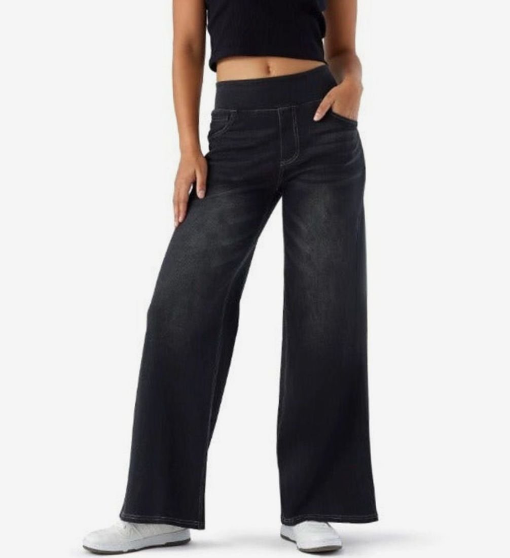 Women's Pull-On Wide Leg High-Rise Stretch Jeans - Black