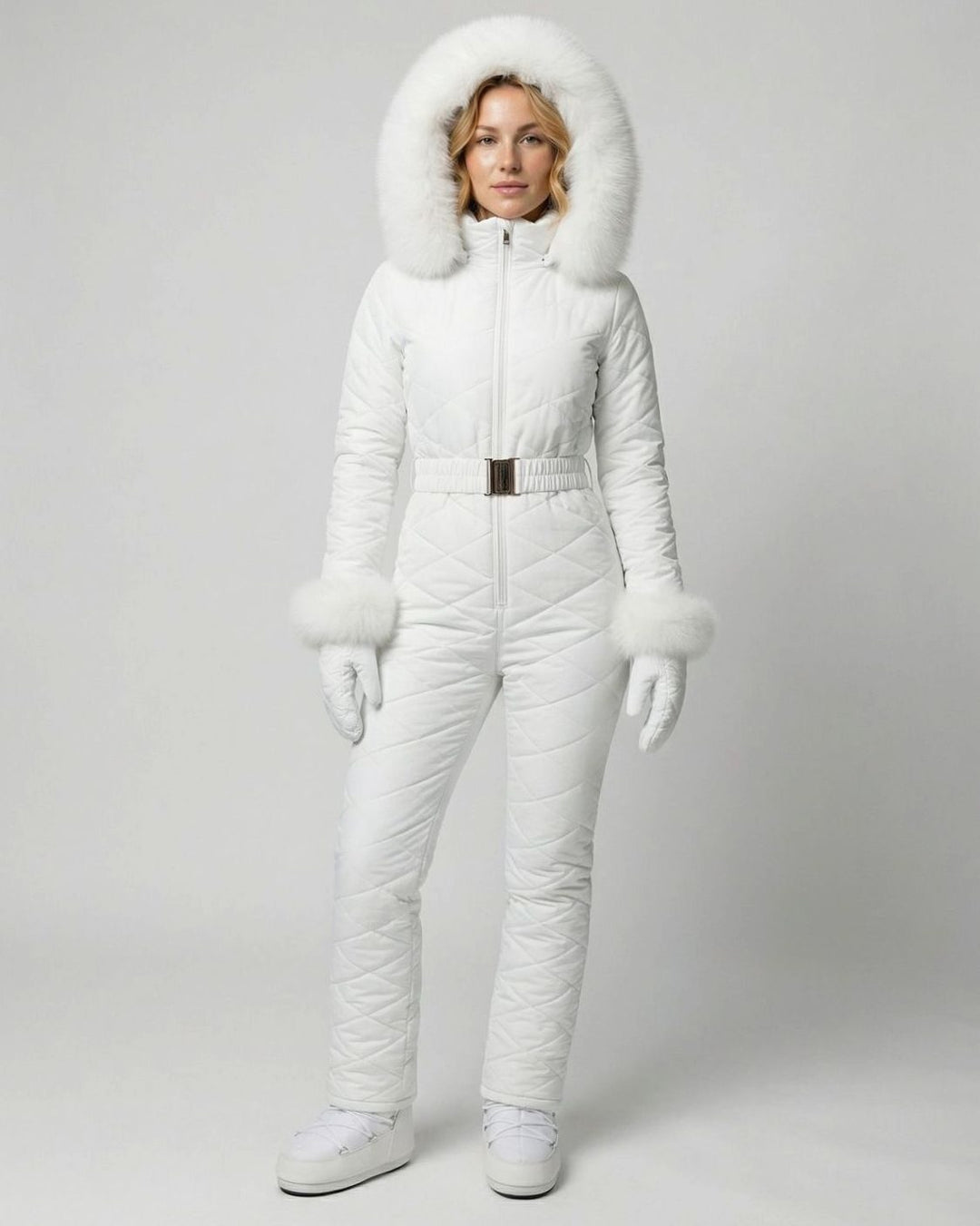 Women's Quilted Fur-Hood Belted Winter Ski Jumpsuit - White