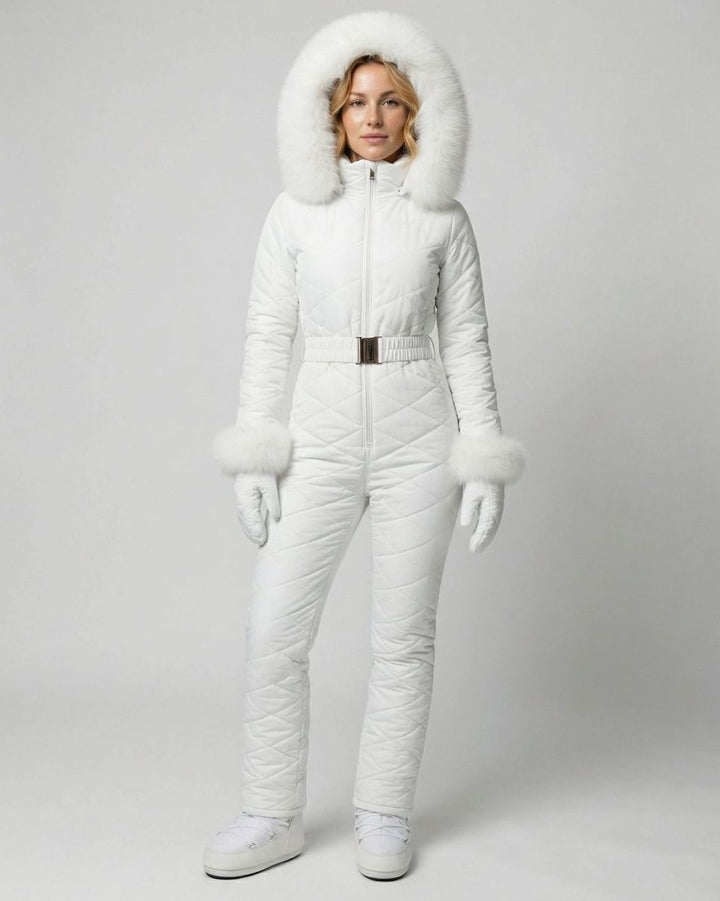 Women's Quilted Fur-Hood Belted Winter Ski Jumpsuit - White