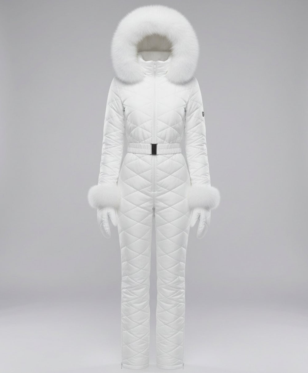 Women's Quilted Fur-Hood Belted Winter Ski Jumpsuit