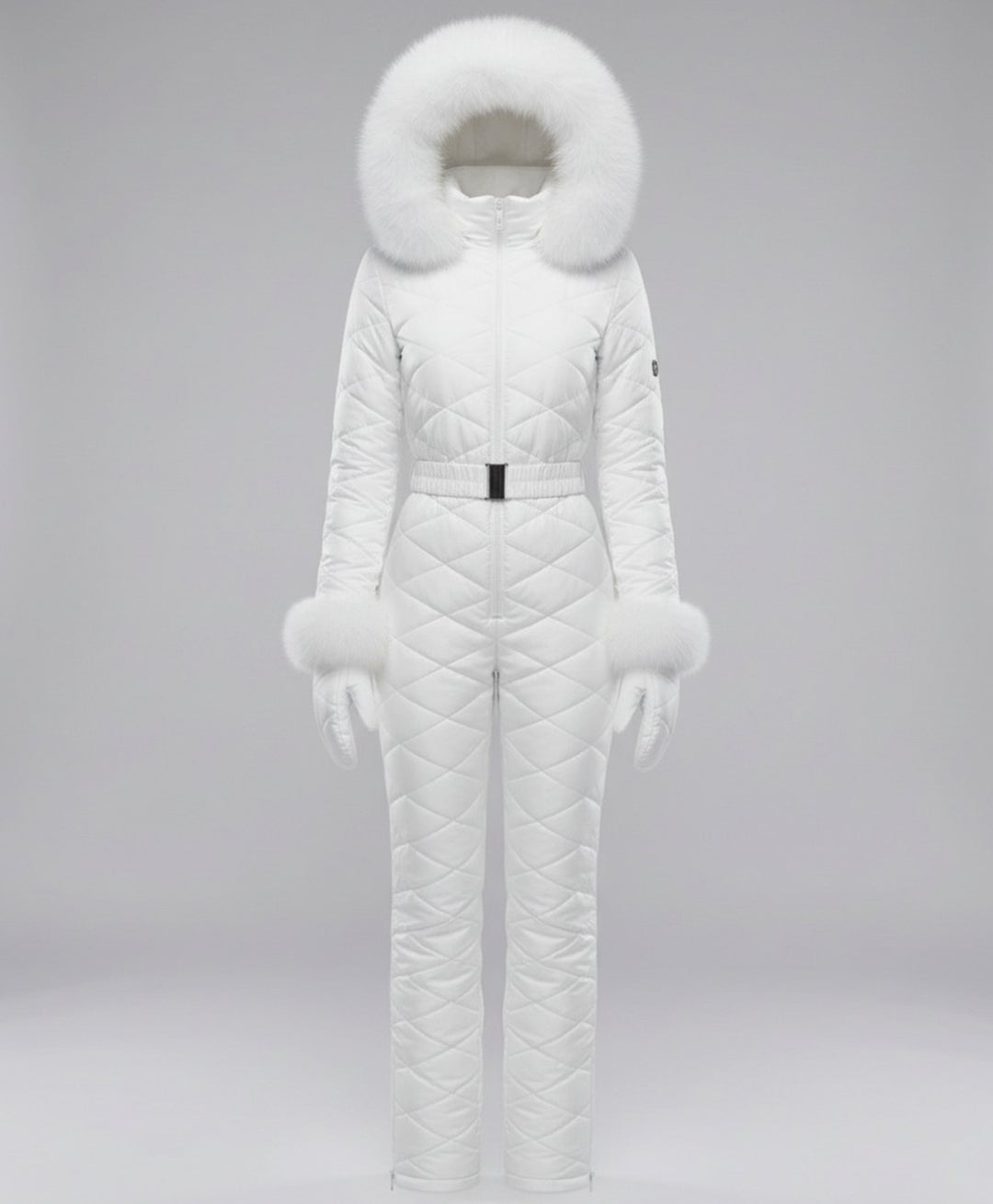 Women's Quilted Fur-Hood Belted Winter Ski Jumpsuit
