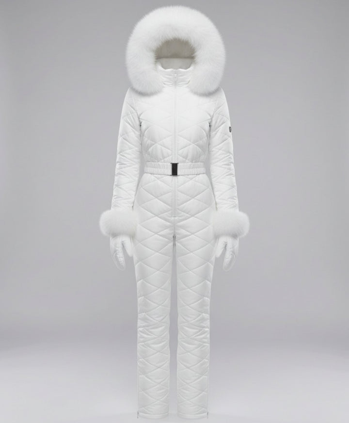 Women's Quilted Fur-Hood Belted Winter Ski Jumpsuit