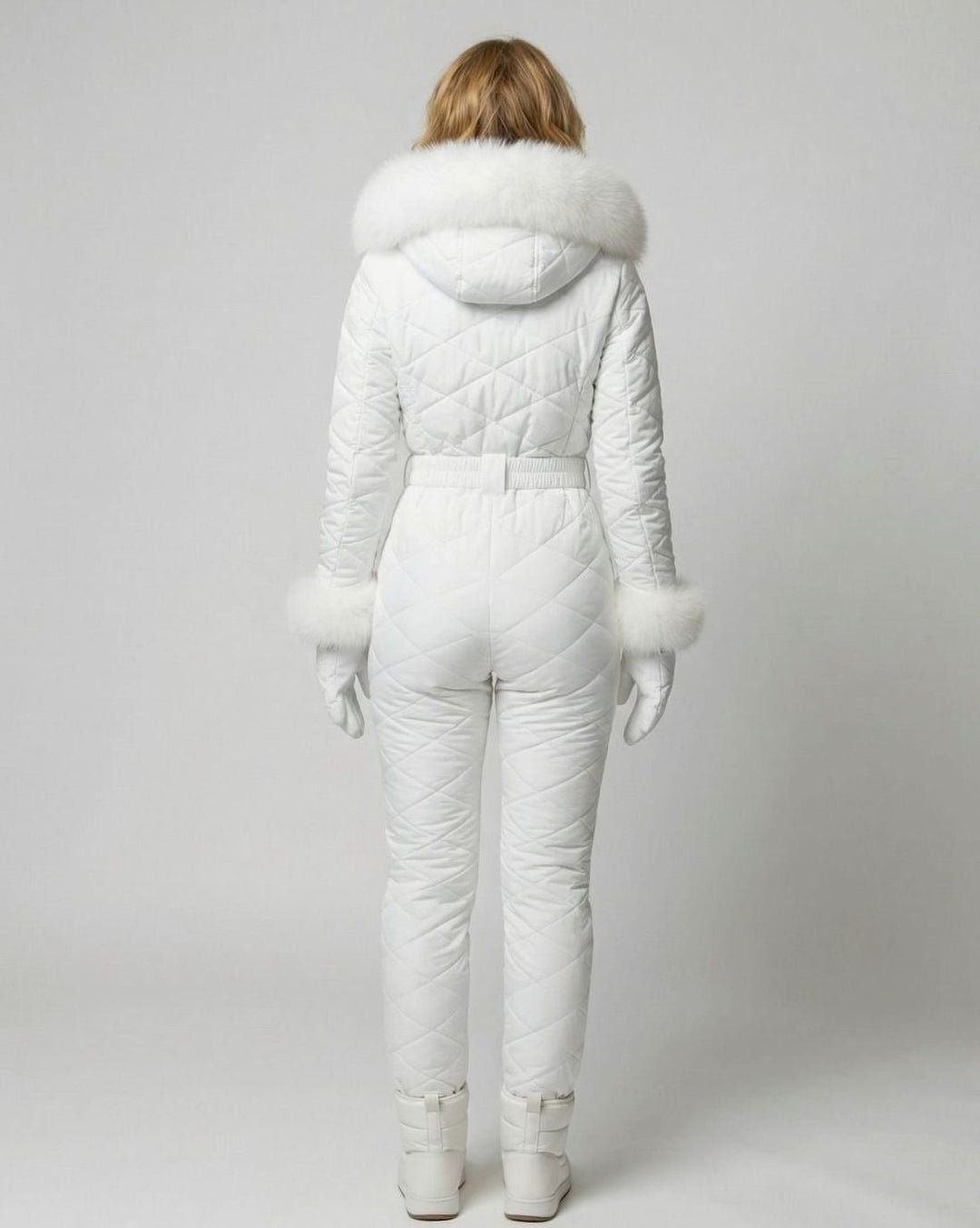 Women's Quilted Fur-Hood Belted Winter Ski Jumpsuit