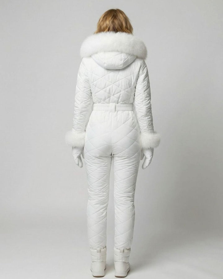 Women's Quilted Fur-Hood Belted Winter Ski Jumpsuit