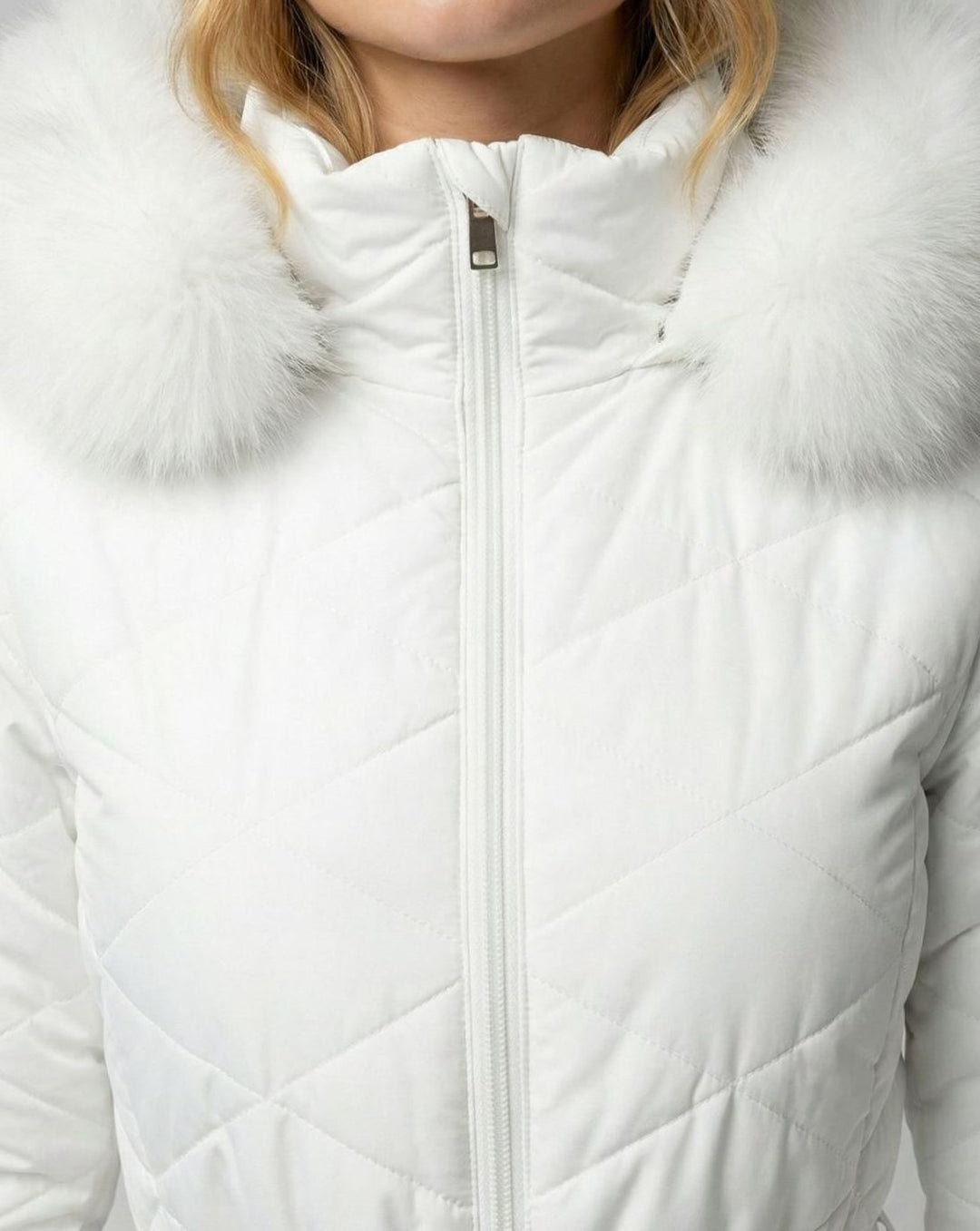 Women's Quilted Fur-Hood Belted Winter Ski Jumpsuit