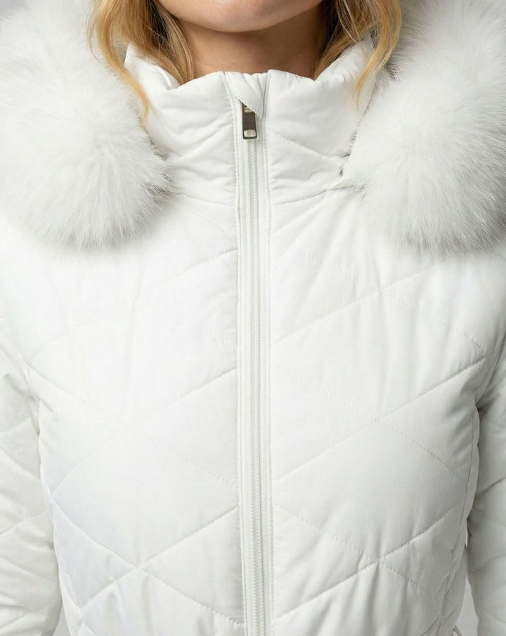 Women's Quilted Fur-Hood Belted Winter Ski Jumpsuit