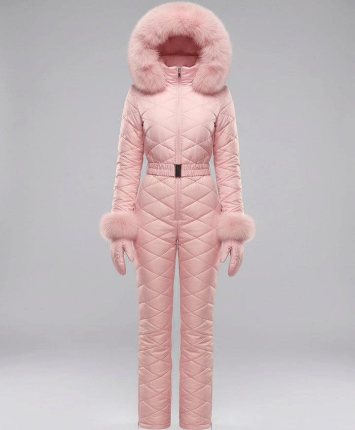 Women's Quilted Fur-Hood Belted Winter Ski Jumpsuit - Pink