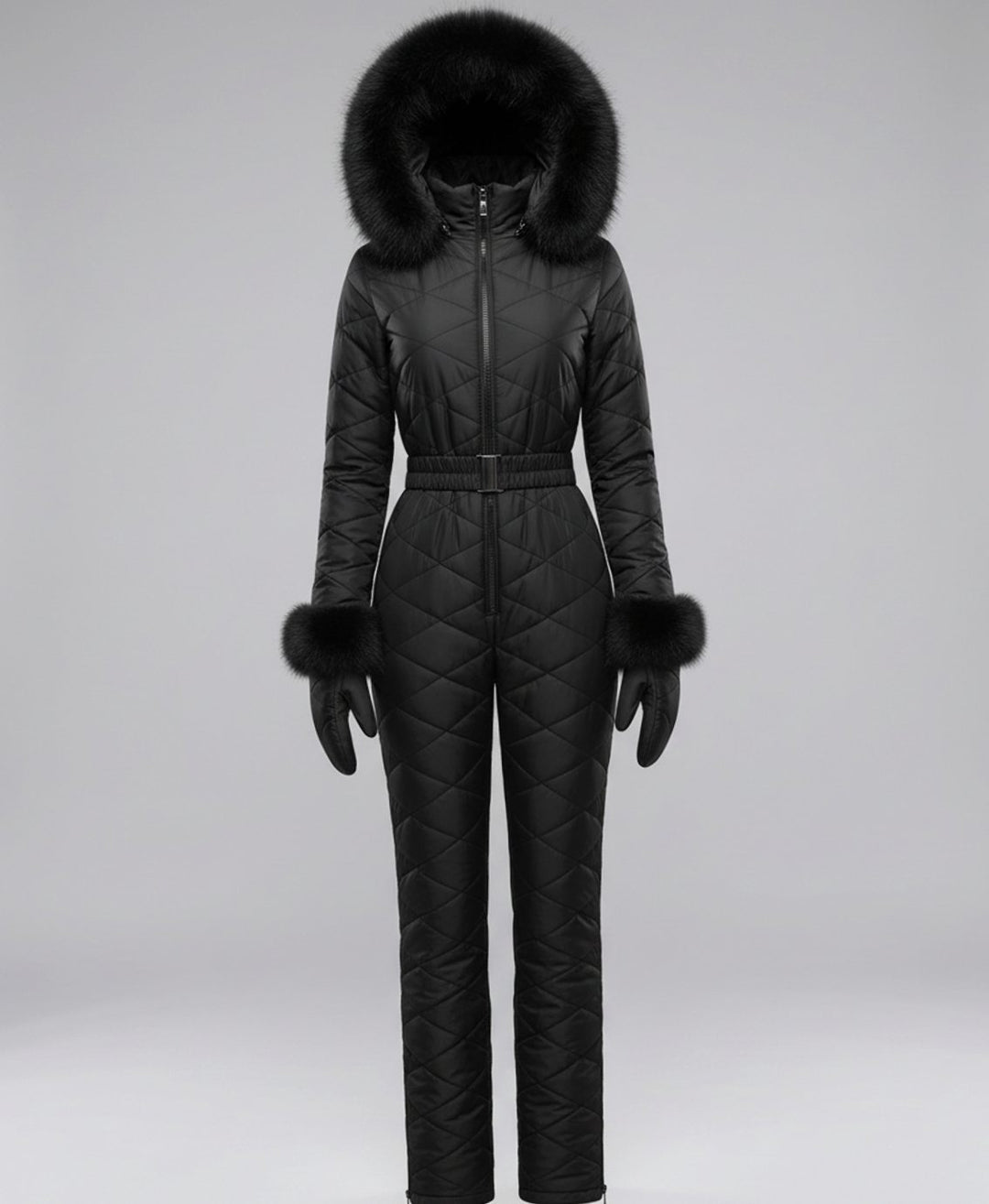 Women's Quilted Fur-Hood Belted Winter Ski Jumpsuit - Black