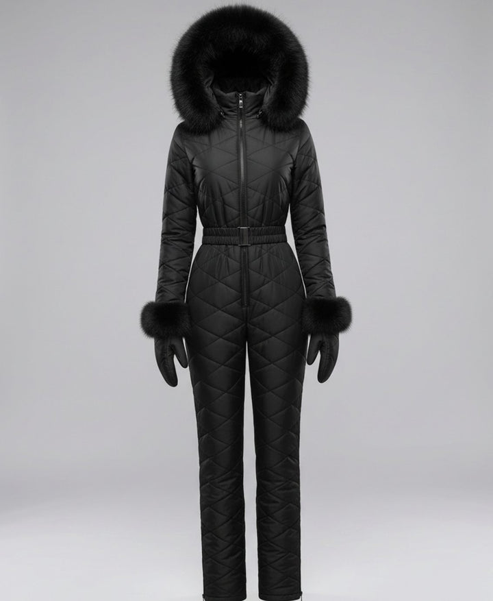 Women's Quilted Fur-Hood Belted Winter Ski Jumpsuit - Black