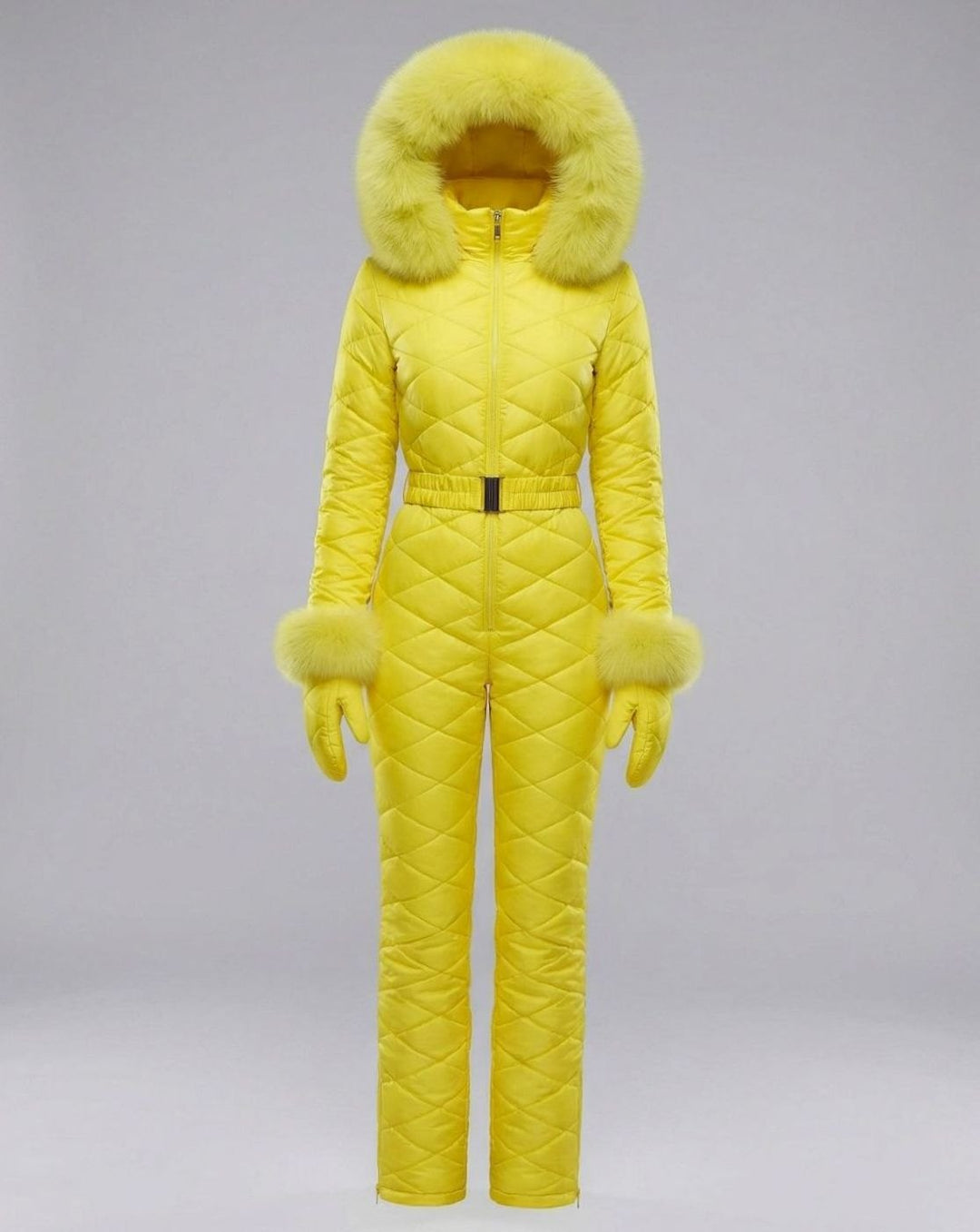 Women's Quilted Fur-Hood Belted Winter Ski Jumpsuit - Yellow