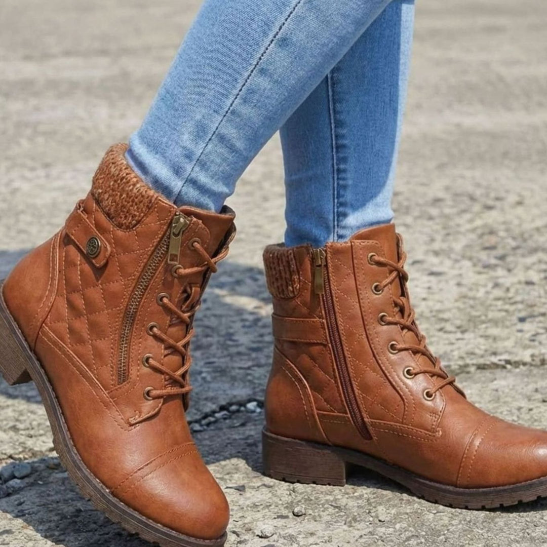 Women's Quilted Lace-Up Side-Zip Ankle Boots - Brown