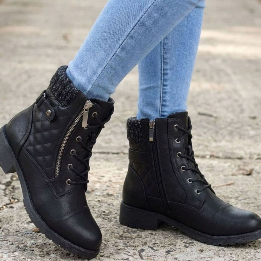 Women's Quilted Lace-Up Side-Zip Ankle Boots - Black