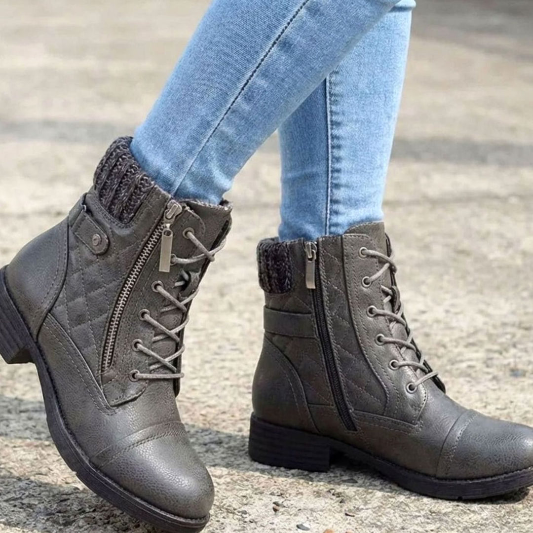 Women's Quilted Lace-Up Side-Zip Ankle Boots - Grey