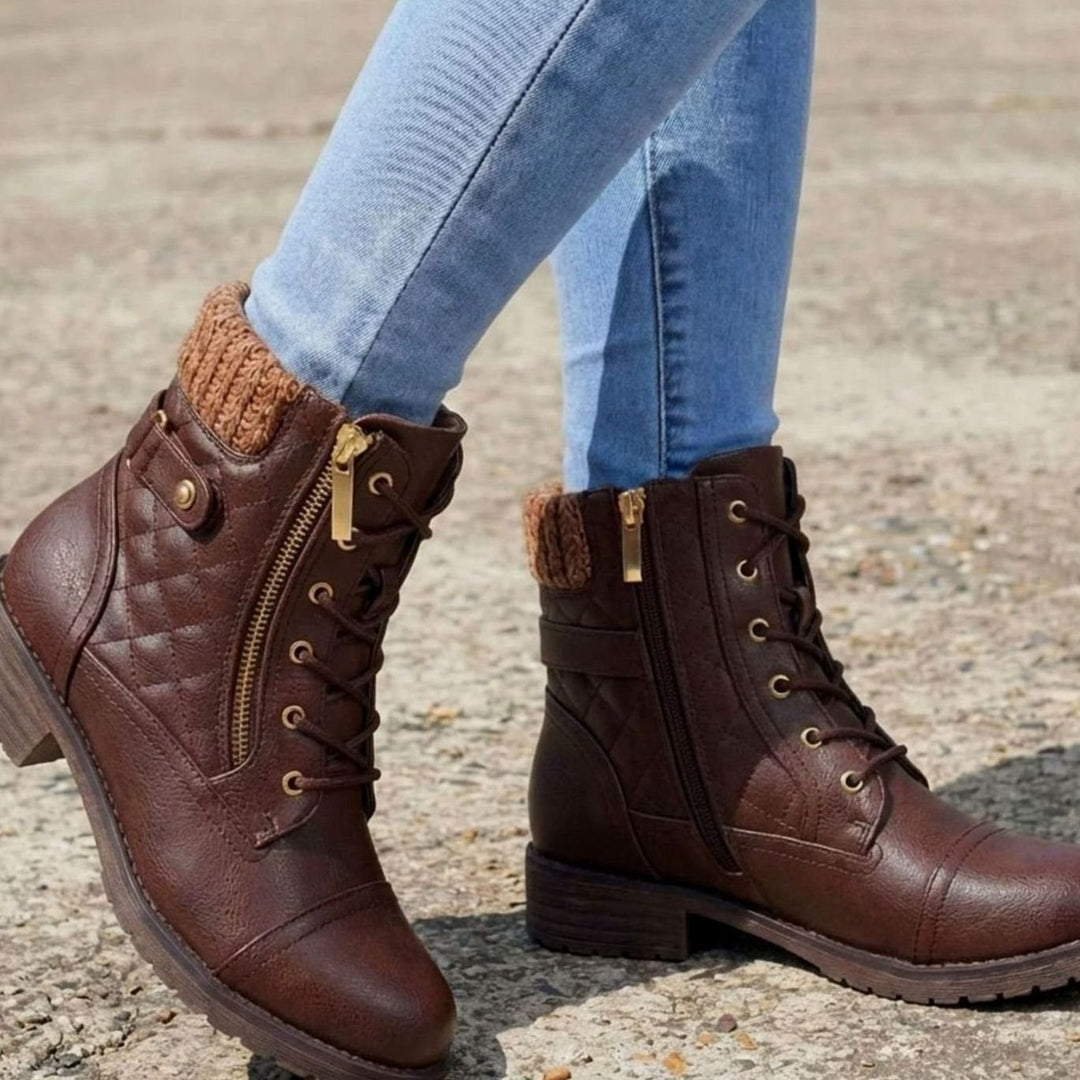 Women's Quilted Lace-Up Side-Zip Ankle Boots - Dark Brown