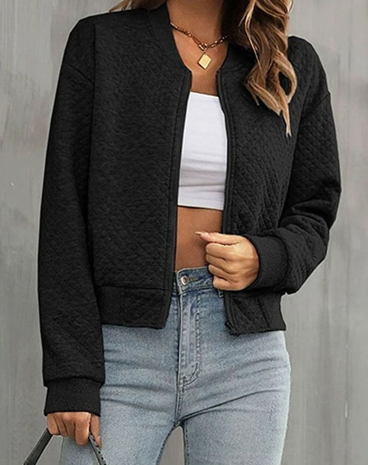 Women's Quilted Zip-Up Bomber Jacket Ribbed-Trim