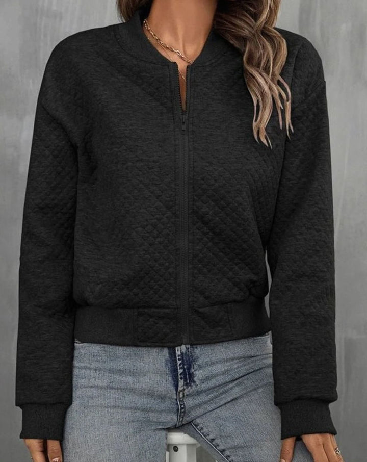 Women's Quilted Zip-Up Bomber Jacket Ribbed-Trim