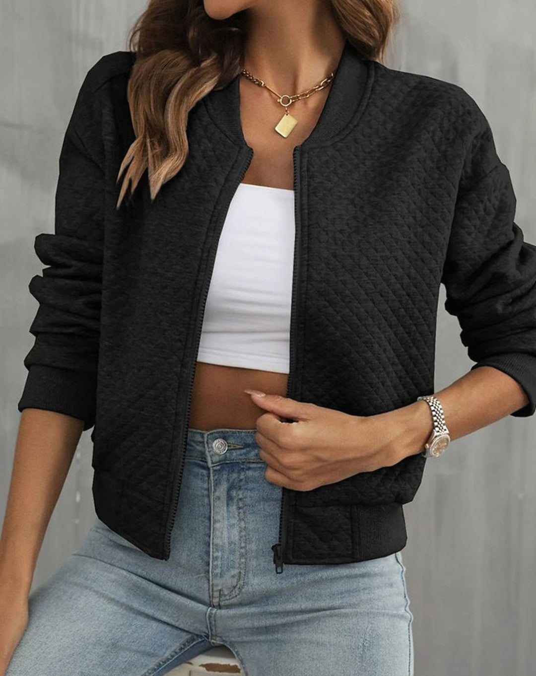 Women's Quilted Zip-Up Bomber Jacket Ribbed-Trim - Black