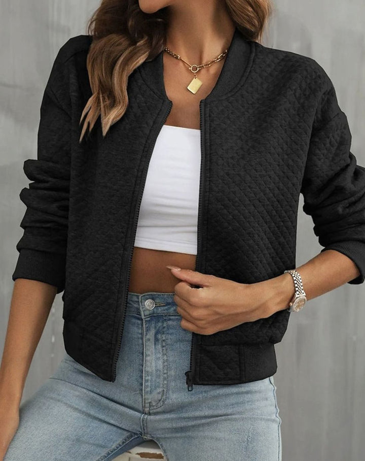 Women's Quilted Zip-Up Bomber Jacket Ribbed-Trim - Black