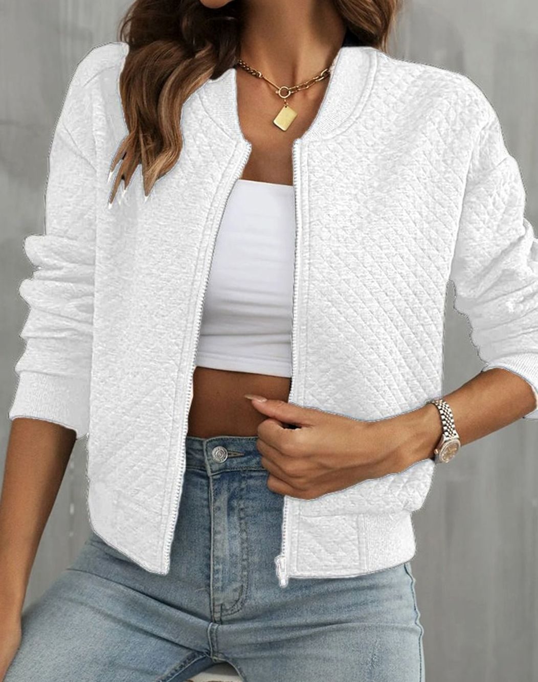 Women's Quilted Zip-Up Bomber Jacket Ribbed-Trim - White