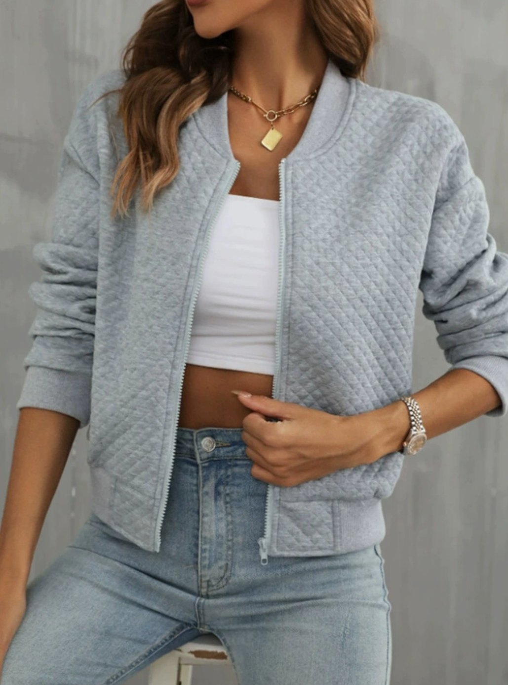 Women's Quilted Zip-Up Bomber Jacket Ribbed-Trim - Gray