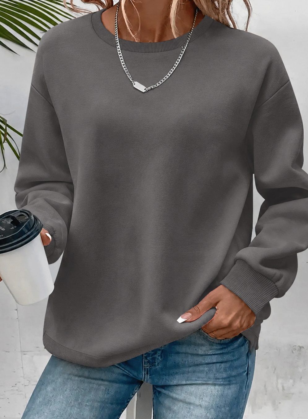 Women's Relaxed Crew-Neck Everyday Pullover Sweatshirt - Dark Gray