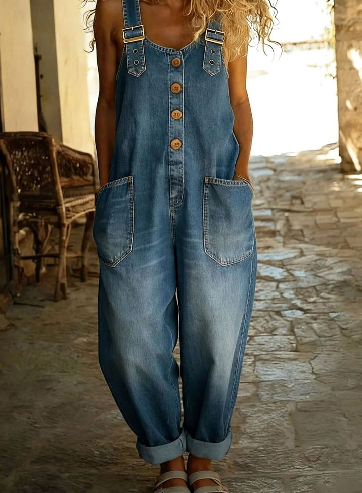 Women's Relaxed-Fit Adjustable Buckle Strap Denim Jumpsuit Overalls - Denim