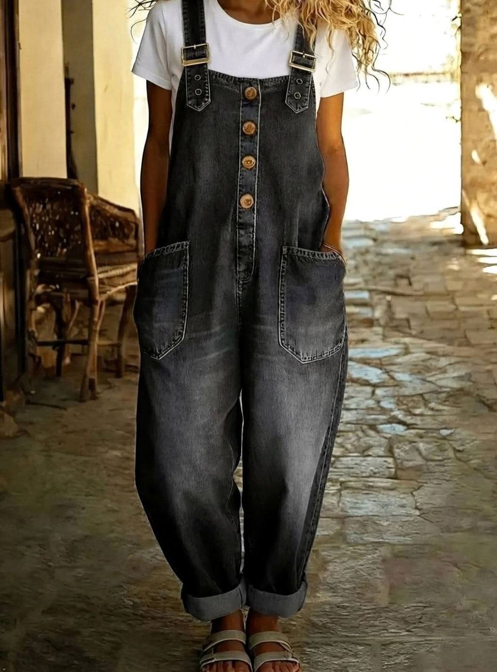 Women's Relaxed-Fit Adjustable Buckle Strap Denim Jumpsuit Overalls - Black